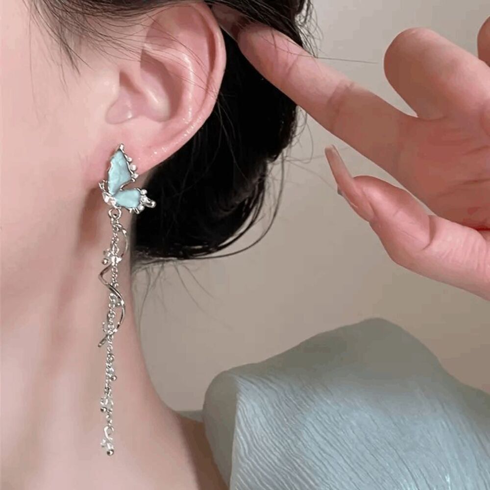 Wicked Silk Blue Butterfly Jewel Luxurious Long Dangle Pearl Drop Earrin…
